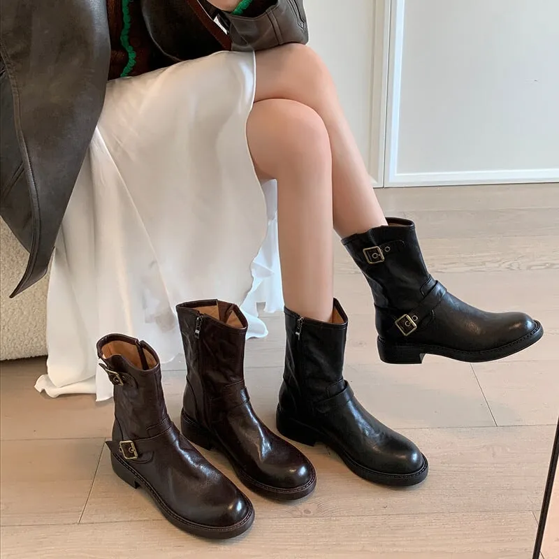 35mm Block Heel Boots Classic Women's Leather Chelsea Boots Double Buckles Detail in Black/Brown