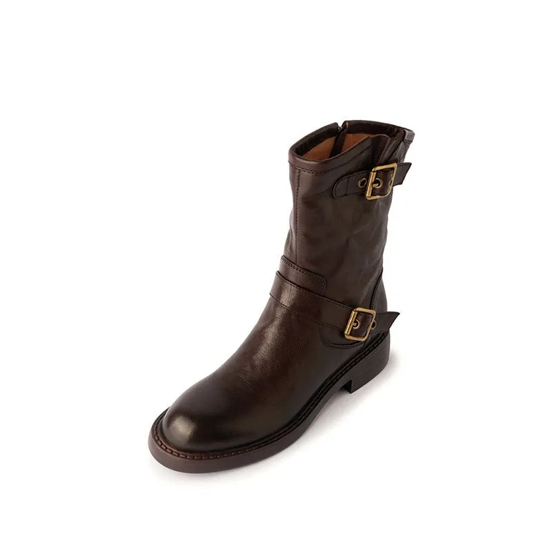35mm Block Heel Boots Classic Women's Leather Chelsea Boots Double Buckles Detail in Black/Brown