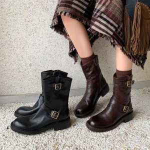 35mm Block Heel Boots Classic Women's Leather Chelsea Boots Double Buckles Detail in Black/Brown