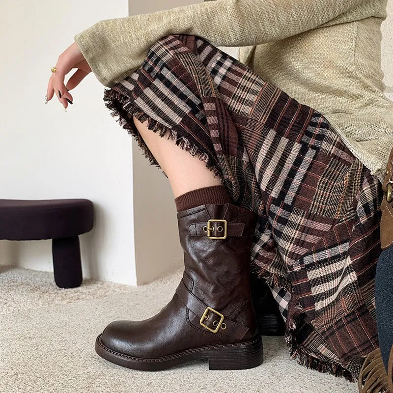 35mm Block Heel Boots Classic Women's Leather Chelsea Boots Double Buckles Detail in Black/Brown