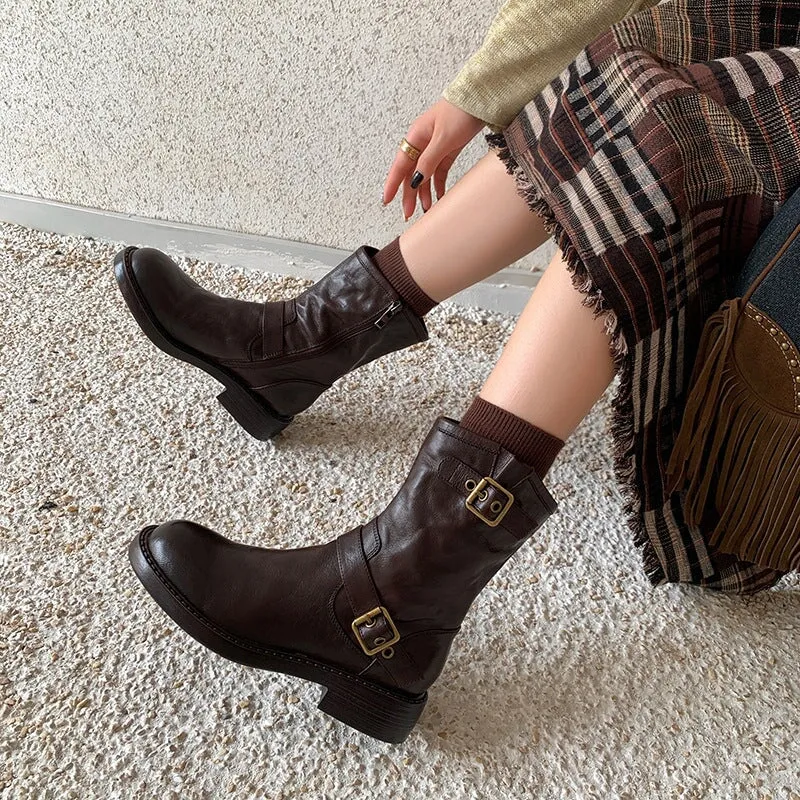 35mm Block Heel Boots Classic Women's Leather Chelsea Boots Double Buckles Detail in Black/Brown