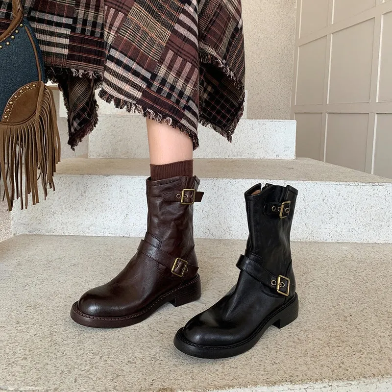 35mm Block Heel Boots Classic Women's Leather Chelsea Boots Double Buckles Detail in Black/Brown