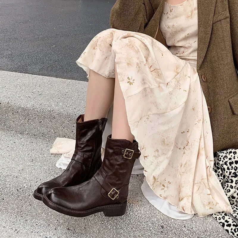 35mm Block Heel Boots Classic Women's Leather Chelsea Boots Double Buckles Detail in Black/Brown
