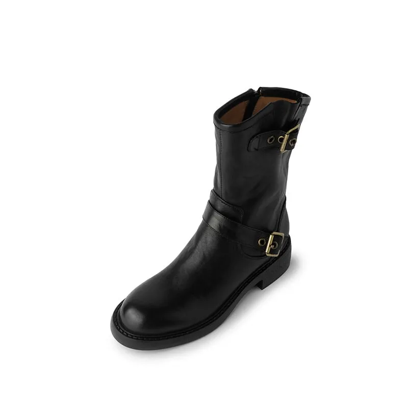 35mm Block Heel Boots Classic Women's Leather Chelsea Boots Double Buckles Detail in Black/Brown