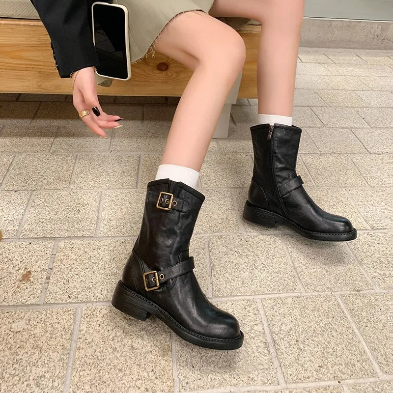 35mm Block Heel Boots Classic Women's Leather Chelsea Boots Double Buckles Detail in Black/Brown