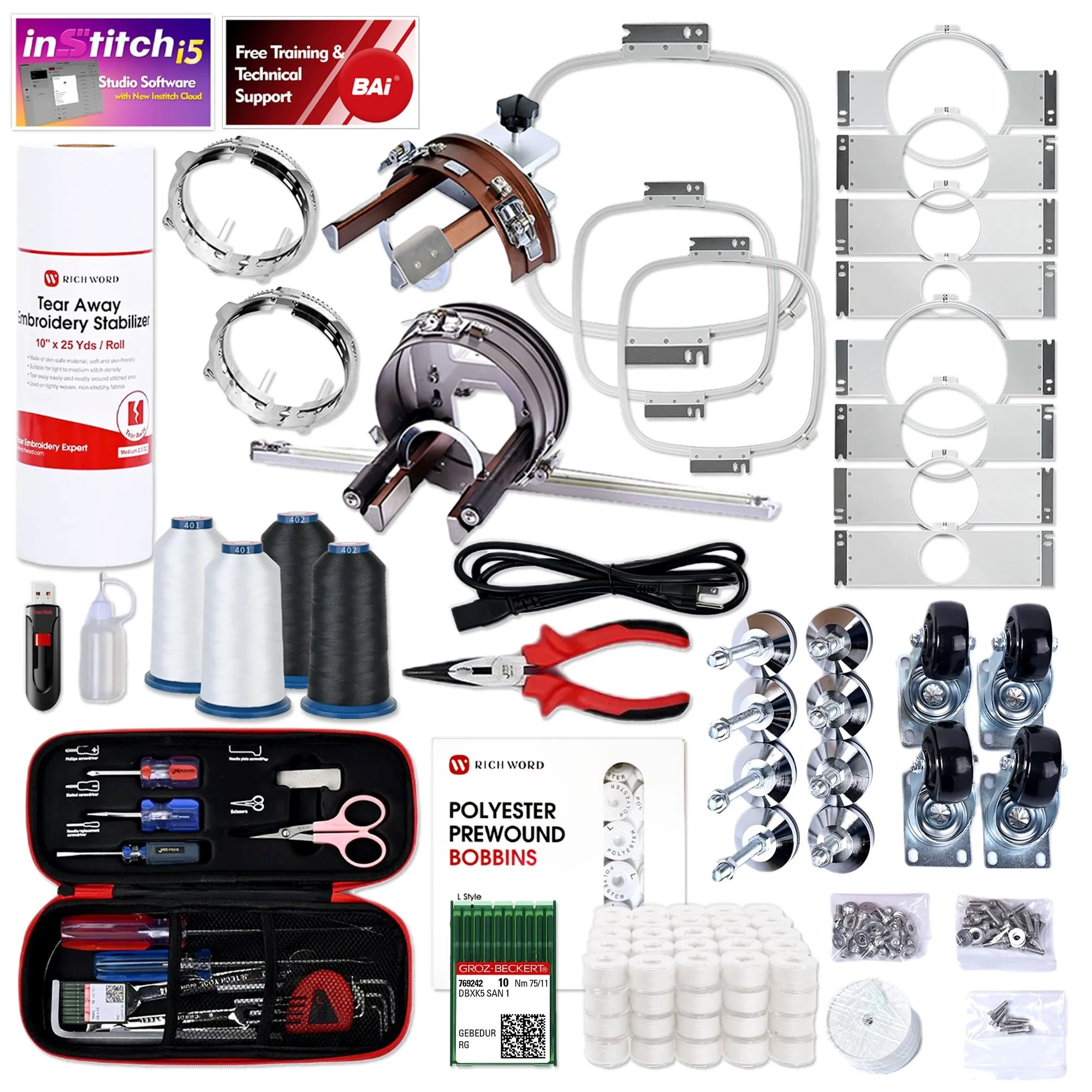 BAi VISION 15 Needle Commercial Embroidery Machine Bundle with Cap & Hat Hoops