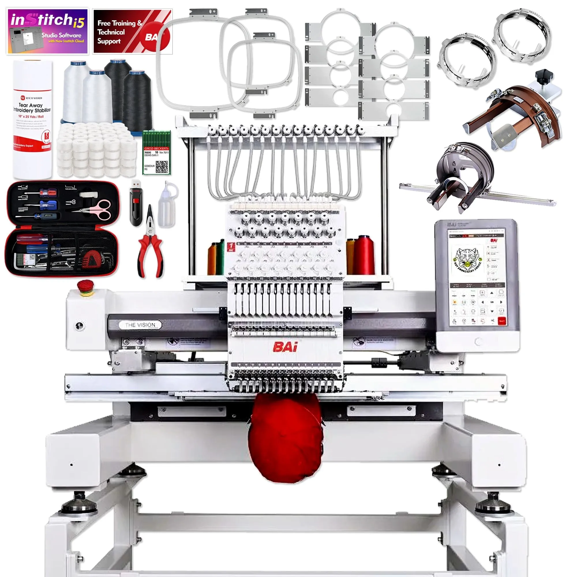 BAi VISION 15 Needle Commercial Embroidery Machine Bundle with Cap & Hat Hoops
