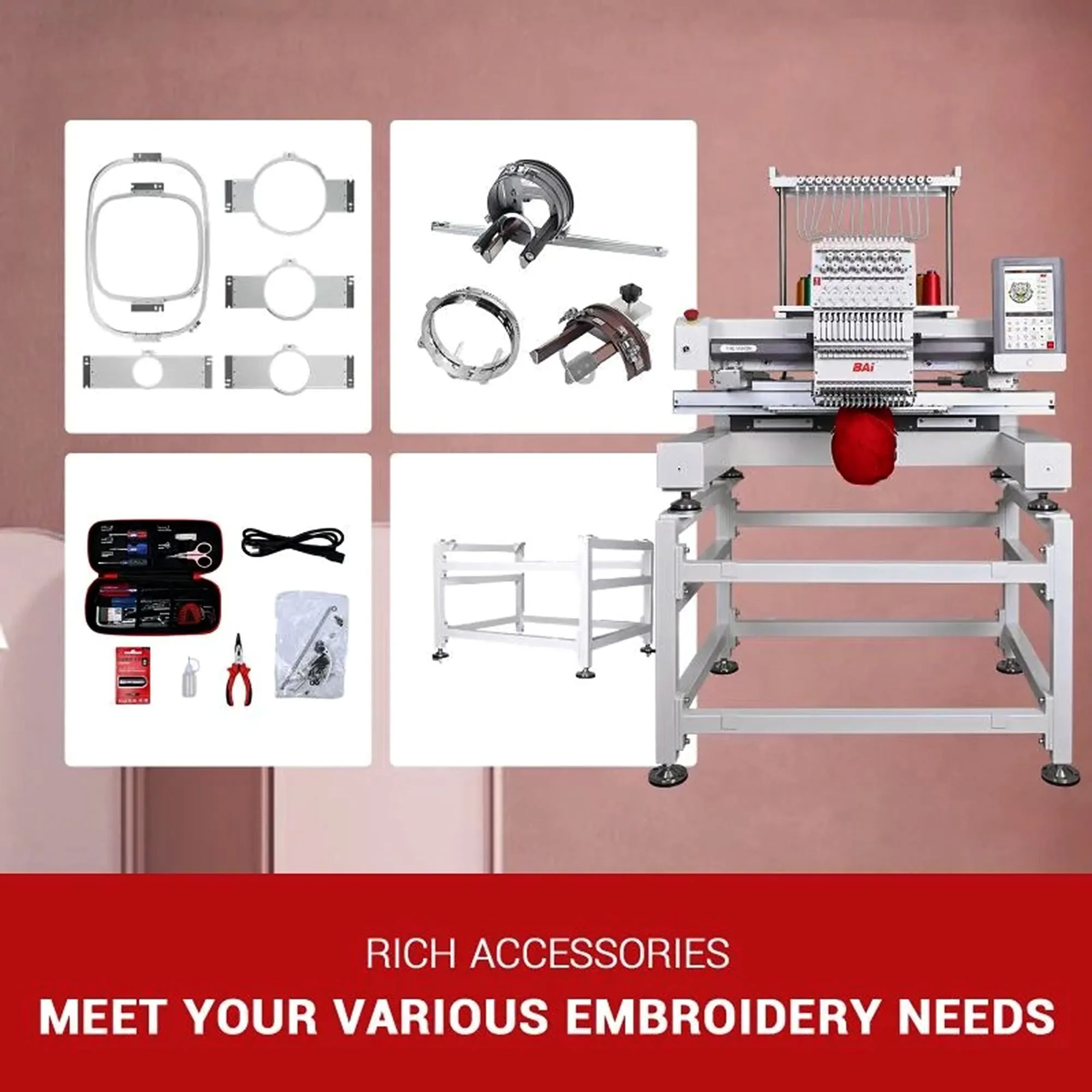 BAi VISION 15 Needle Commercial Embroidery Machine Bundle with Cap & Hat Hoops