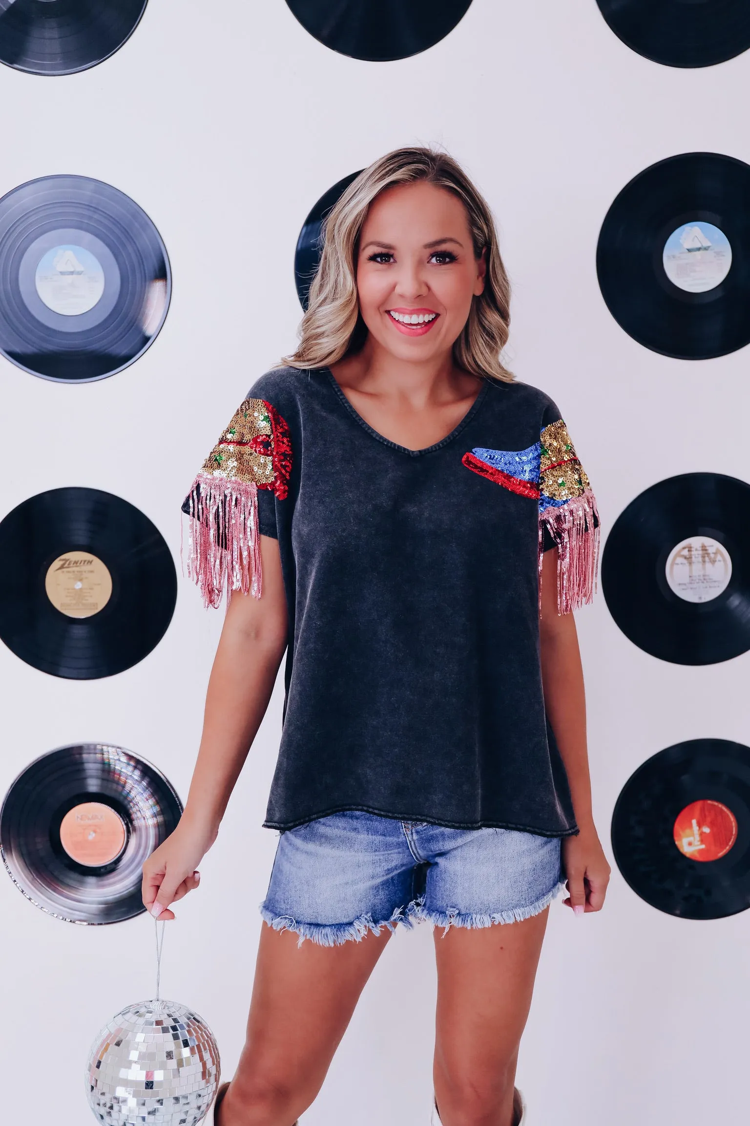 Boots N Bling Fringe Sleeve Top - Mineral Black