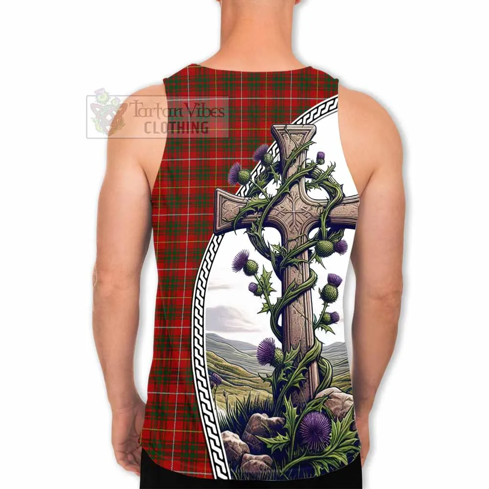 Bruce Tartan Men's Tank Top with Family Crest and St. Andrew's Cross Accented by Thistle Vines
