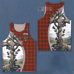 Bruce Tartan Men's Tank Top with Family Crest and St. Andrew's Cross Accented by Thistle Vines