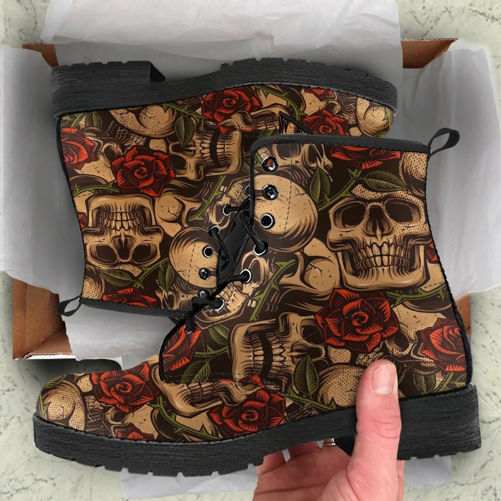 Combat Boots - Goth Shoes #41 Skulls & Roses | Vegan Leather Lace Up Boots, Handmade Lace Up Boots, Women's Boots, Custom Shoes