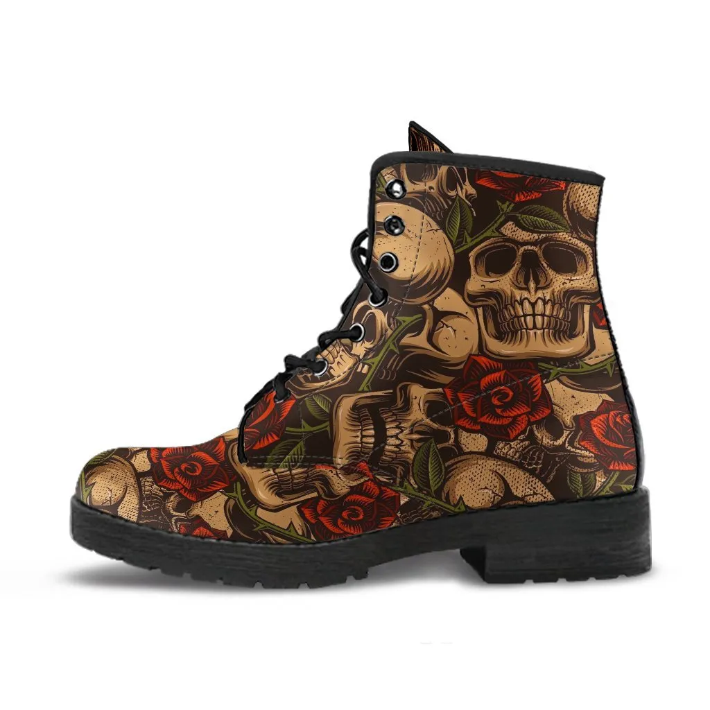 Combat Boots - Goth Shoes #41 Skulls & Roses | Vegan Leather Lace Up Boots, Handmade Lace Up Boots, Women's Boots, Custom Shoes
