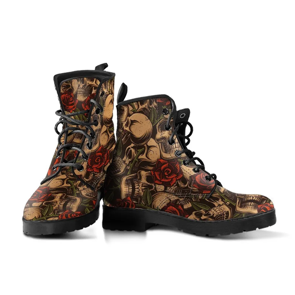 Combat Boots - Goth Shoes #41 Skulls & Roses | Vegan Leather Lace Up Boots, Handmade Lace Up Boots, Women's Boots, Custom Shoes