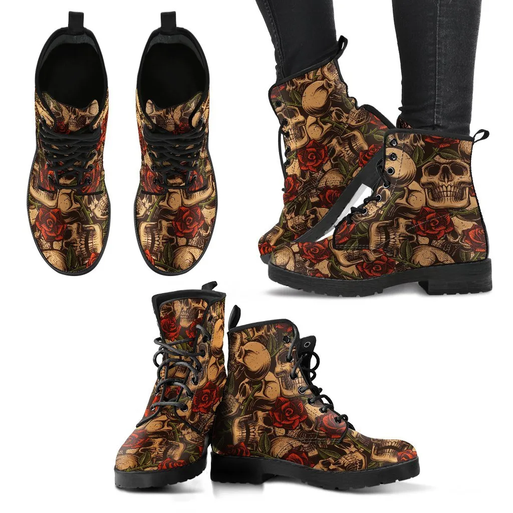 Combat Boots - Goth Shoes #41 Skulls & Roses | Vegan Leather Lace Up Boots, Handmade Lace Up Boots, Women's Boots, Custom Shoes