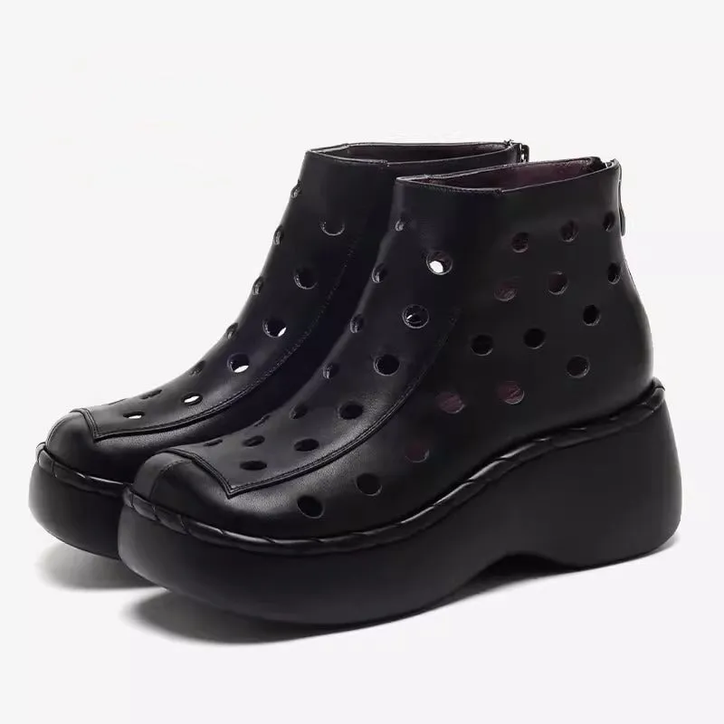 Cut Out Summer Boots Breathable Leather Short Boots in Black/White
