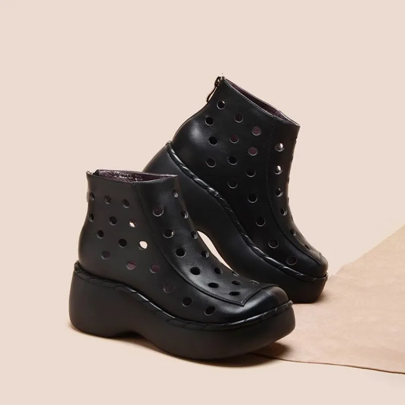 Cut Out Summer Boots Breathable Leather Short Boots in Black/White