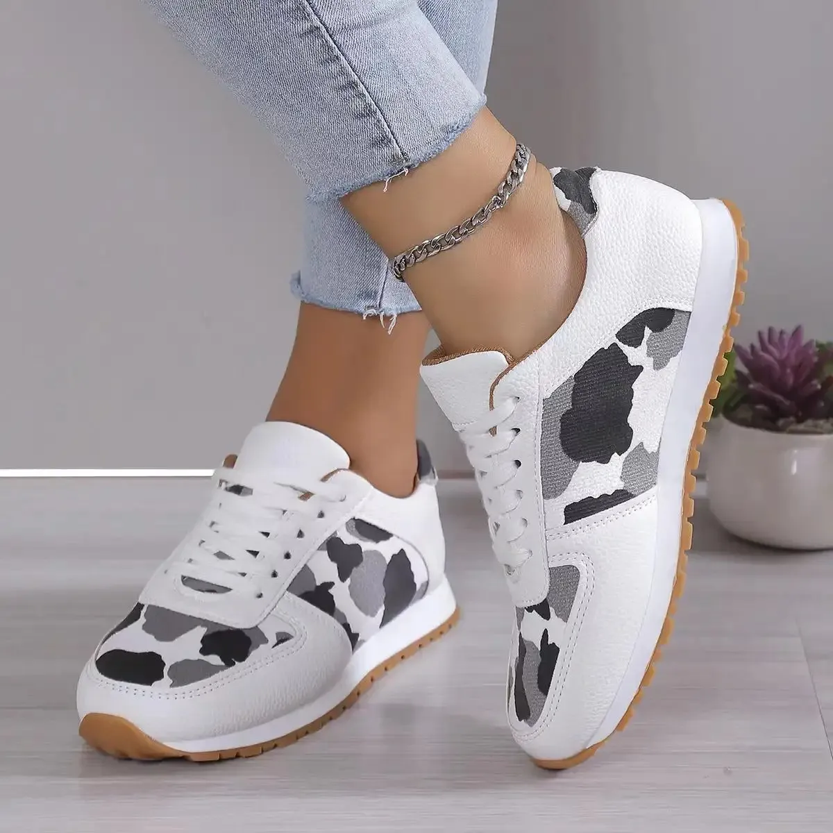 Fashion Leopard Print Lace-up Sports Shoes For Women Sneakers Casual Running Walking Flat Shoes
