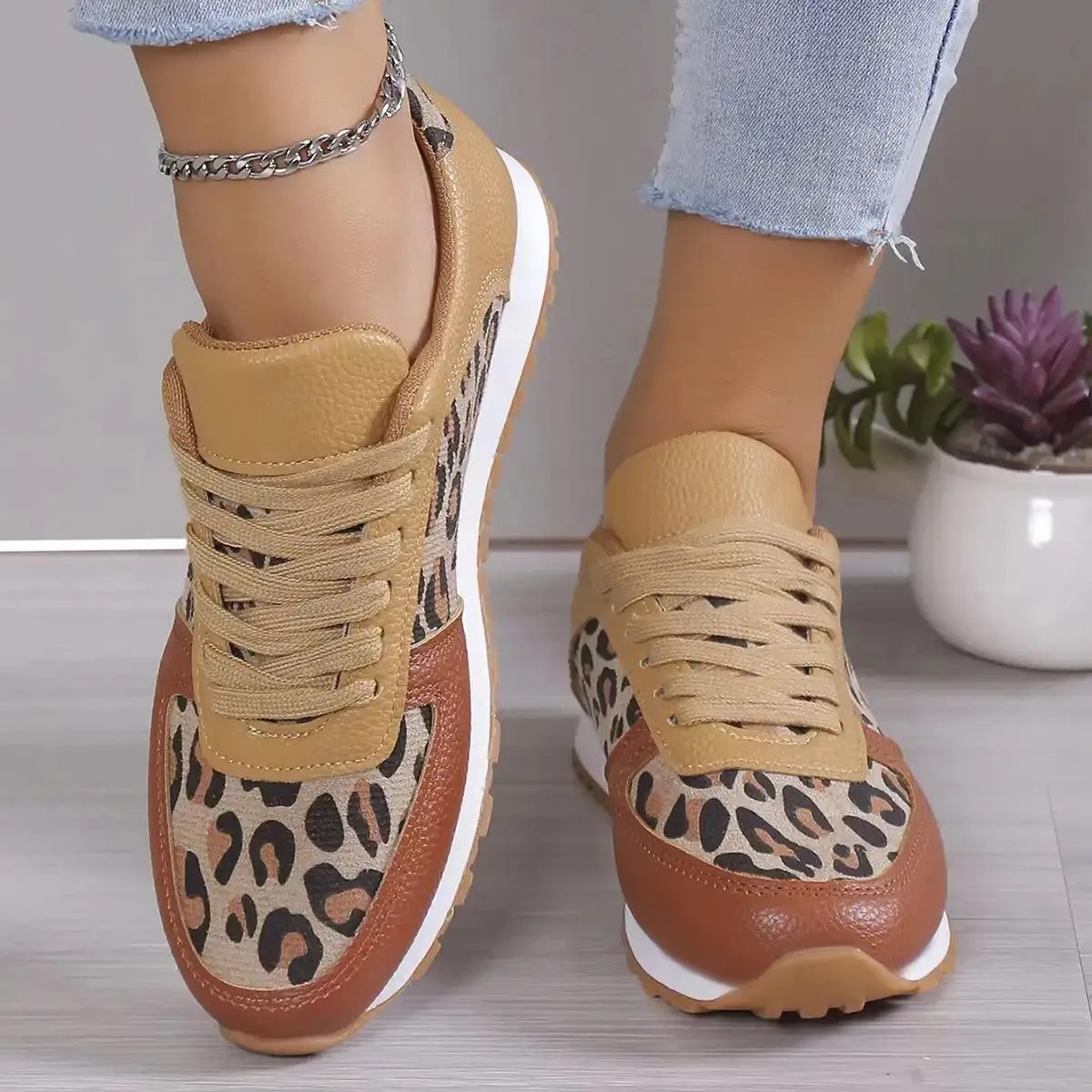 Fashion Leopard Print Lace-up Sports Shoes For Women Sneakers Casual Running Walking Flat Shoes