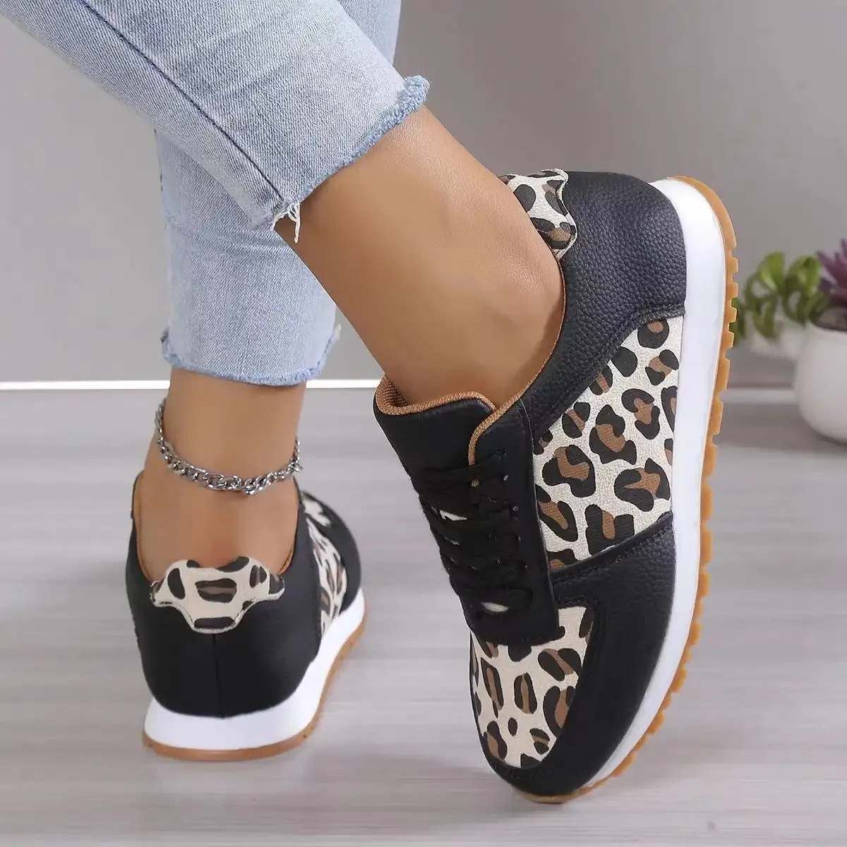 Fashion Leopard Print Lace-up Sports Shoes For Women Sneakers Casual Running Walking Flat Shoes
