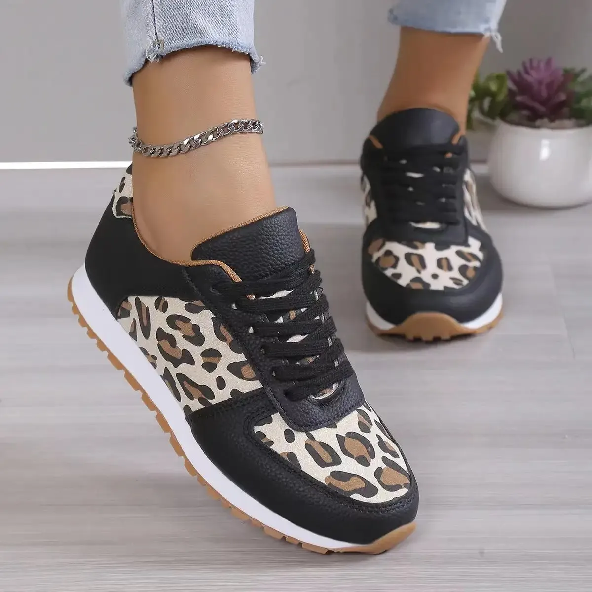 Fashion Leopard Print Lace-up Sports Shoes For Women Sneakers Casual Running Walking Flat Shoes