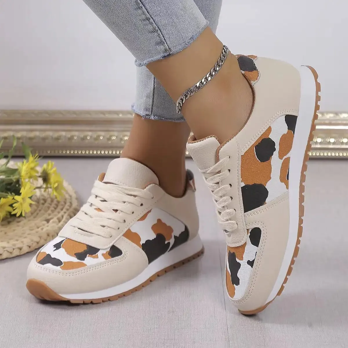 Fashion Leopard Print Lace-up Sports Shoes For Women Sneakers Casual Running Walking Flat Shoes
