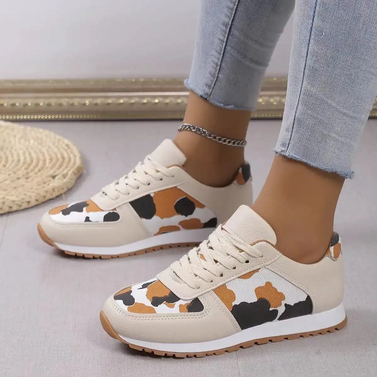 Fashion Leopard Print Lace-up Sports Shoes For Women Sneakers Casual Running Walking Flat Shoes