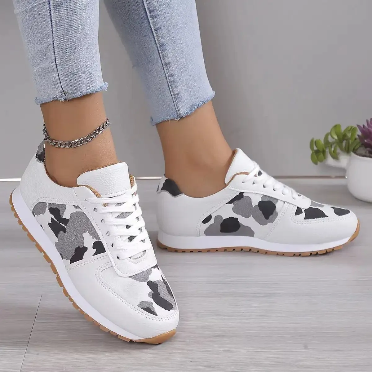 Fashion Leopard Print Lace-up Sports Shoes For Women Sneakers Casual Running Walking Flat Shoes