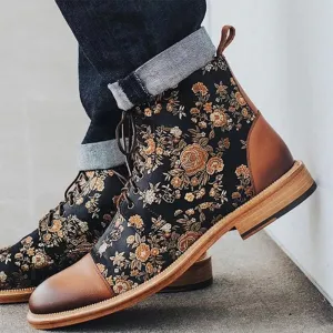 Floral Print and Leather Ankle Boots