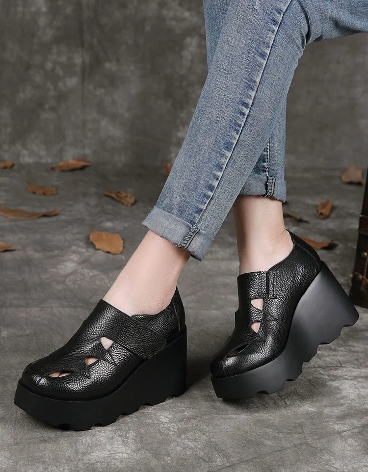 Handmade Leather Close-toe Hollow Wedge Shoes
