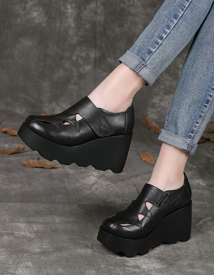 Handmade Leather Close-toe Hollow Wedge Shoes