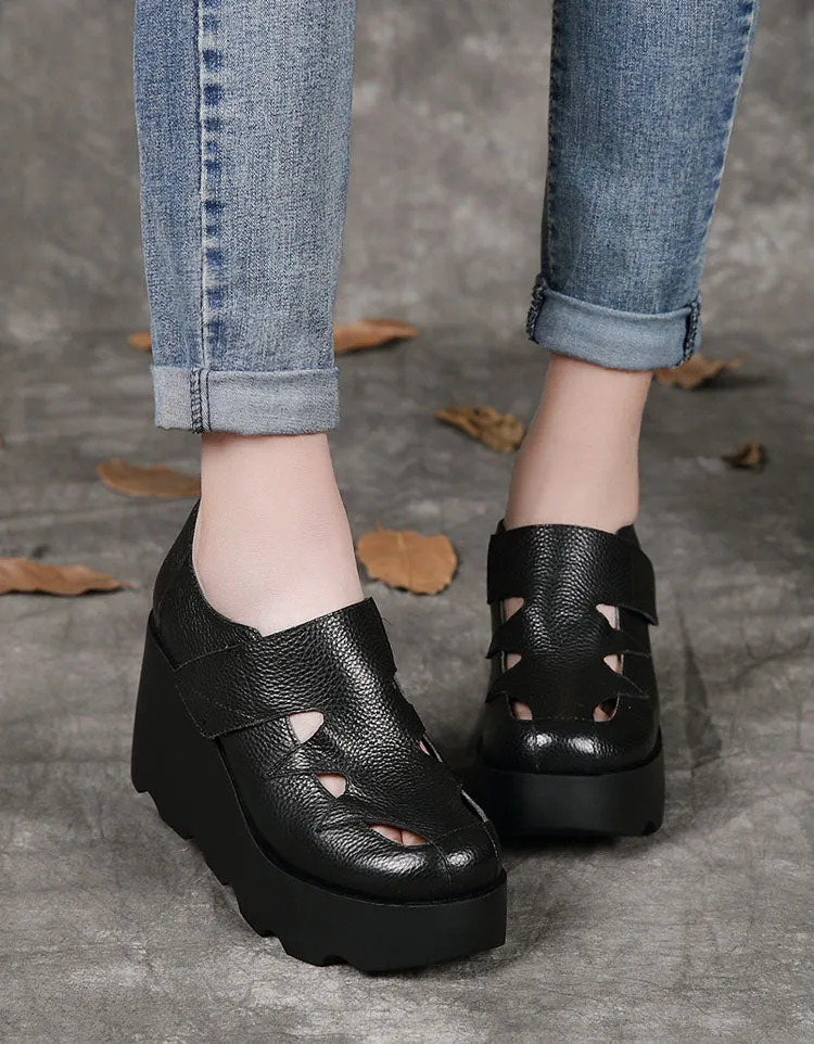 Handmade Leather Close-toe Hollow Wedge Shoes