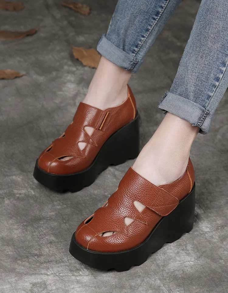 Handmade Leather Close-toe Hollow Wedge Shoes