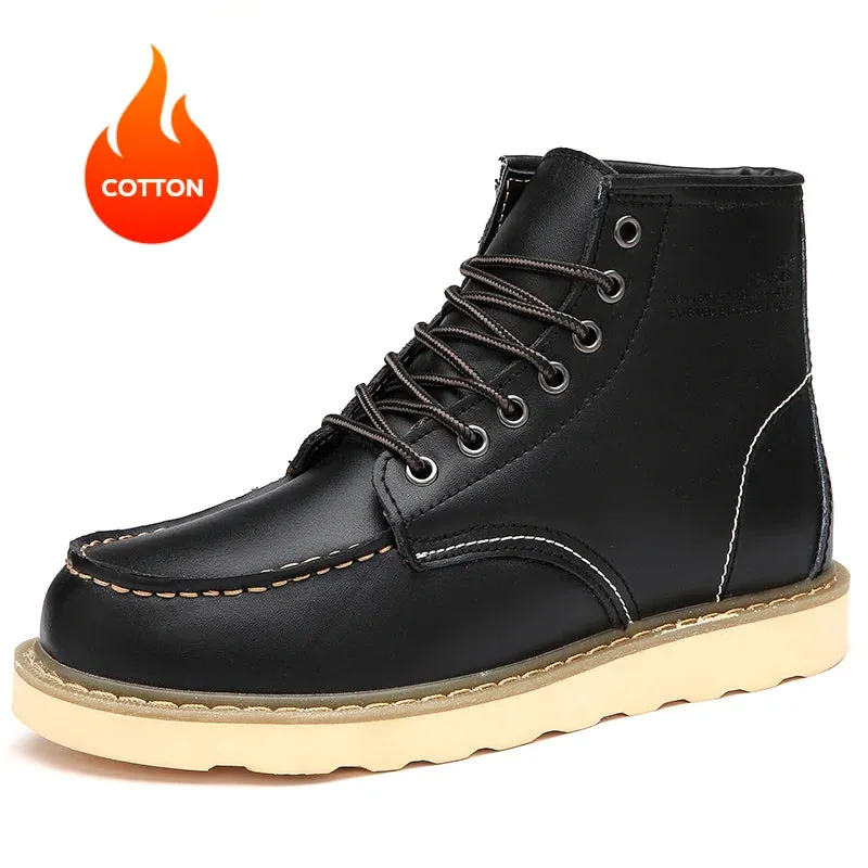 Hnzxzm Men's Motorcycle Boots Comfortable Platform Work Boots Outdoor High-top Leather Boots Fashion Plus Fleece Men's Boots for Warmth