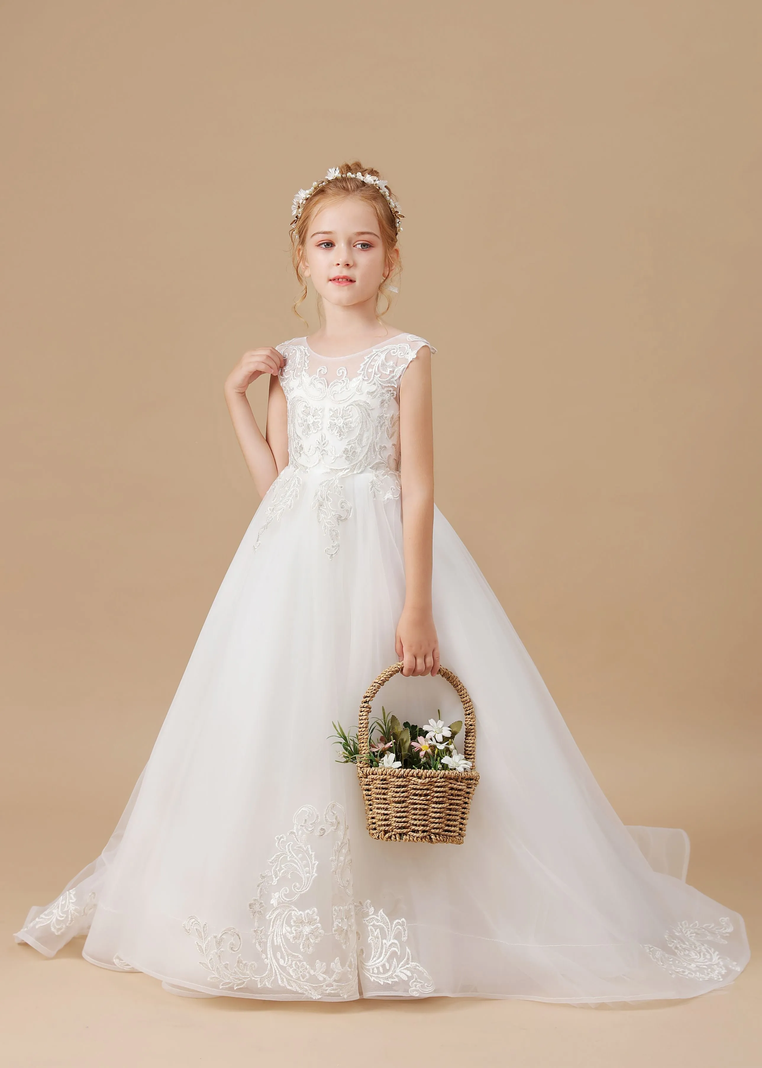 Ivory Sleevelesss Applique Sweep trailing Multi-Layer Tulle Flower Girl Dresses
