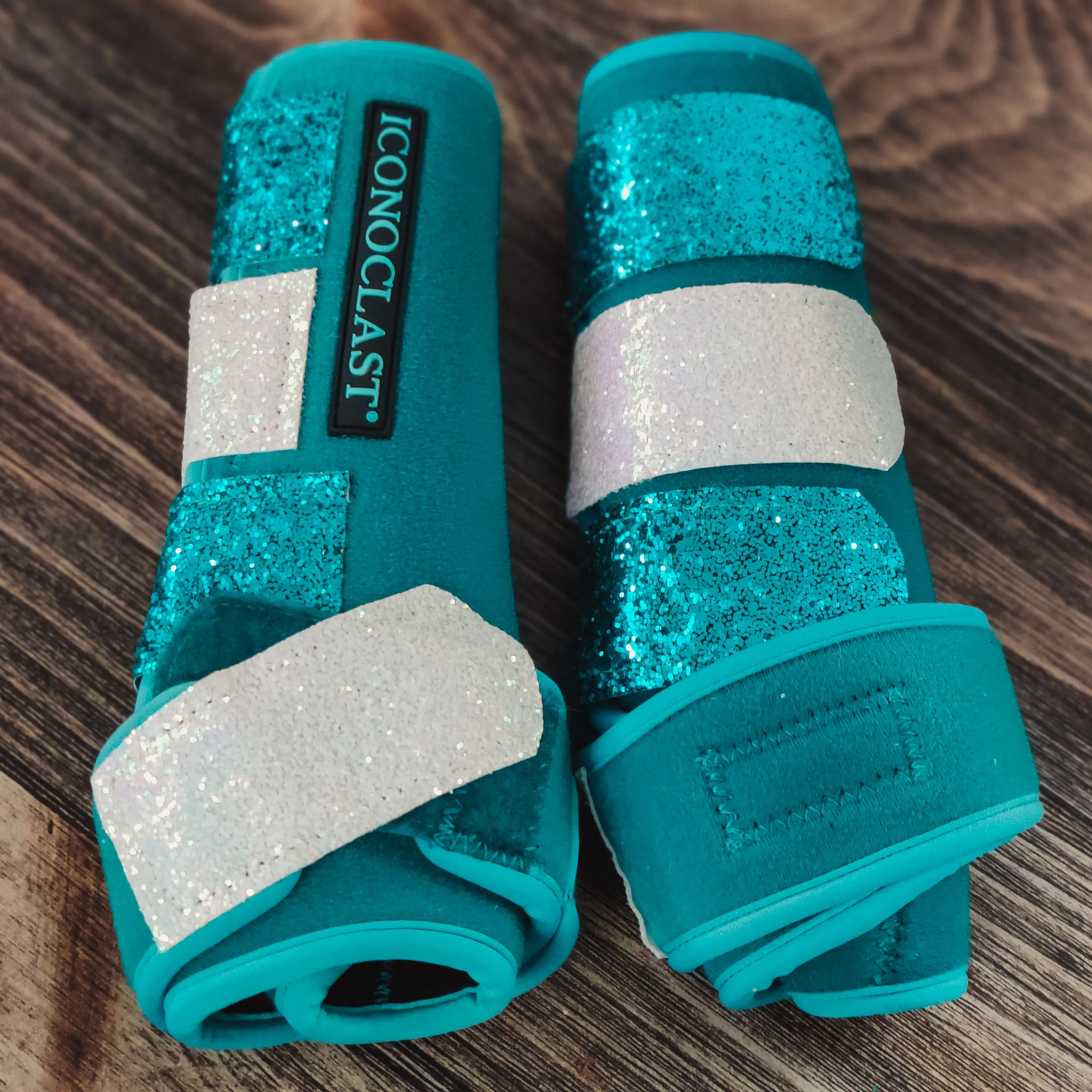 Medium Turquoise Dyed Iconoclast Fronts w/ Turquoise and White Glitter Straps