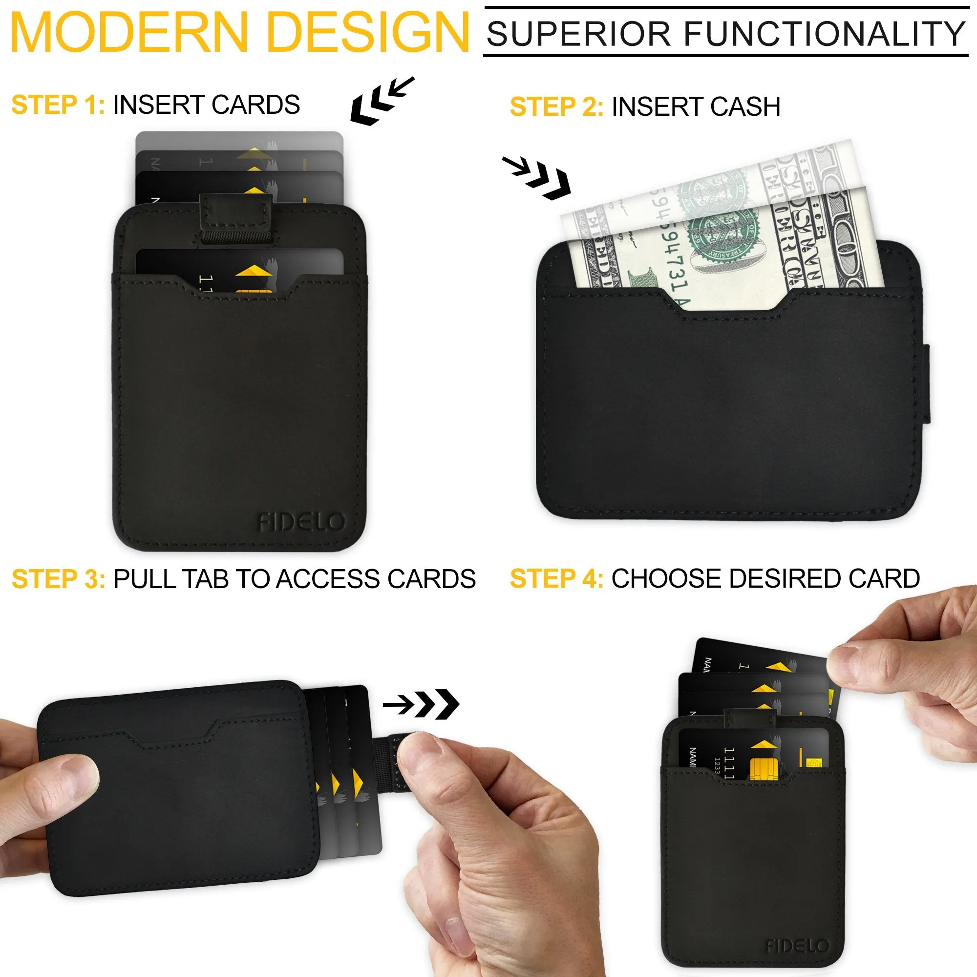 Minimalist Wallet Credit Card Holder  Fidelo Mens Slim Wallet - RFID Blocking   Top Grain