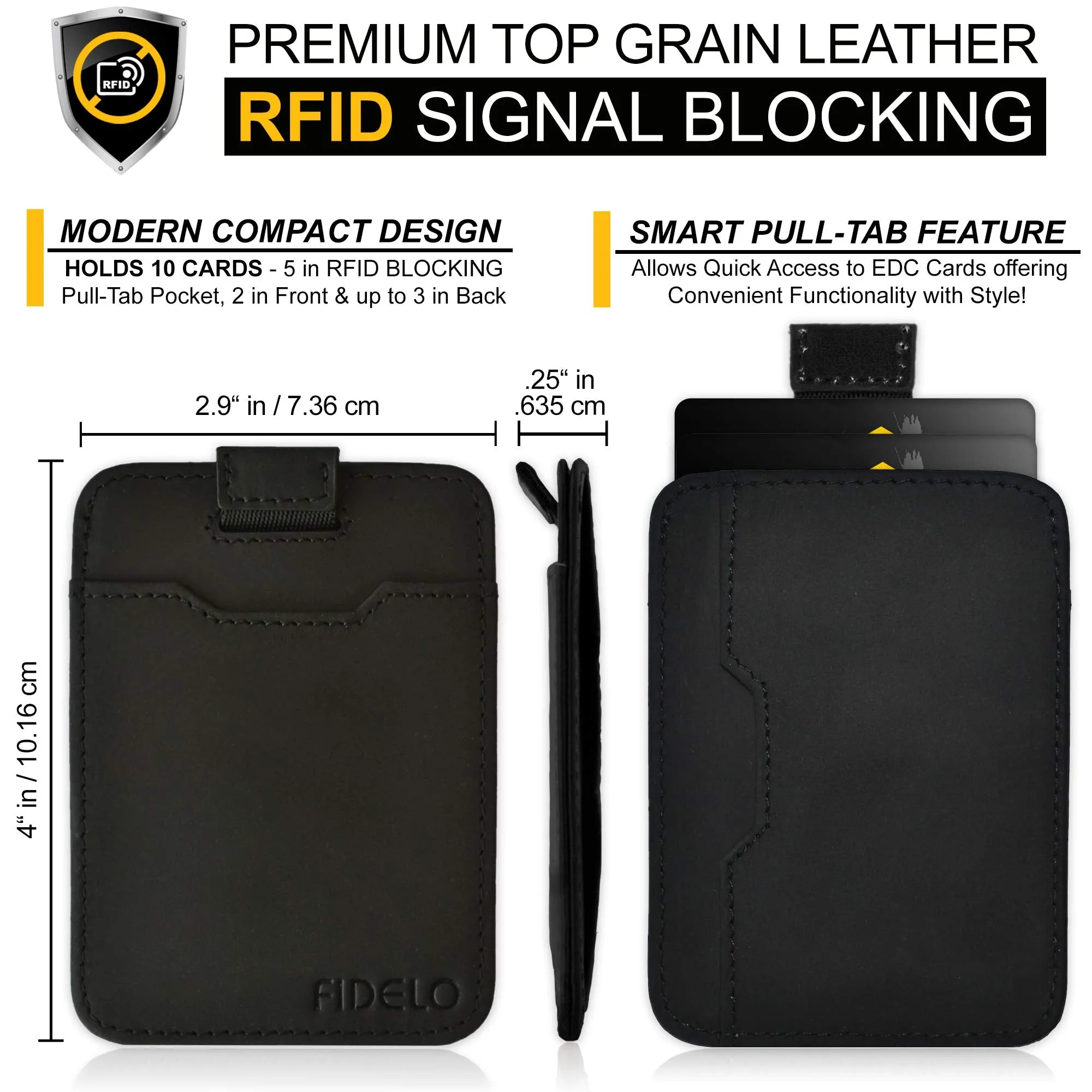 Minimalist Wallet Credit Card Holder  Fidelo Mens Slim Wallet - RFID Blocking   Top Grain