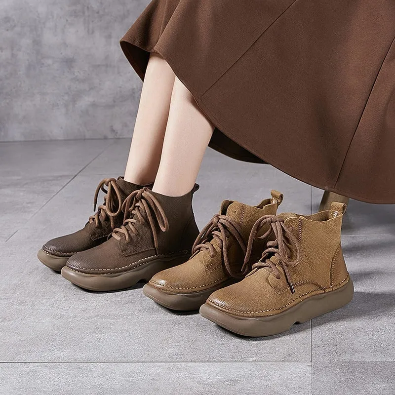 Mori Girl Style Genuine Leather Soft Martin Boots For Women Round Toe Lace Up in Grey/Khaki