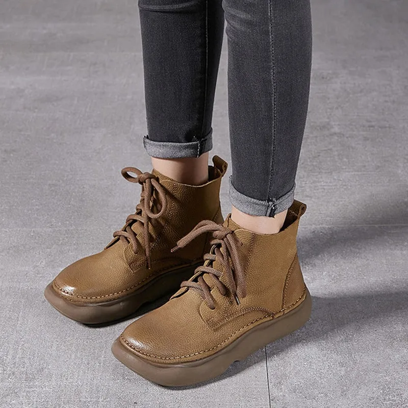 Mori Girl Style Genuine Leather Soft Martin Boots For Women Round Toe Lace Up in Grey/Khaki