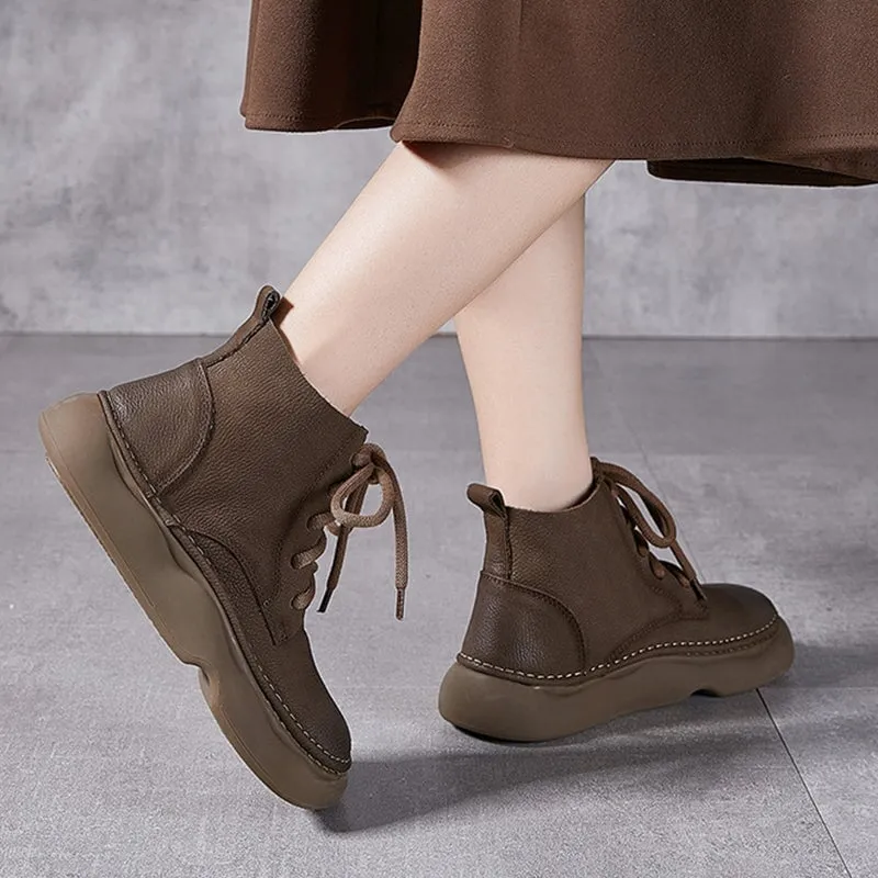 Mori Girl Style Genuine Leather Soft Martin Boots For Women Round Toe Lace Up in Grey/Khaki