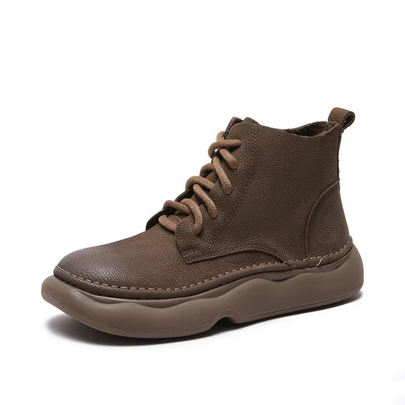 Mori Girl Style Genuine Leather Soft Martin Boots For Women Round Toe Lace Up in Grey/Khaki