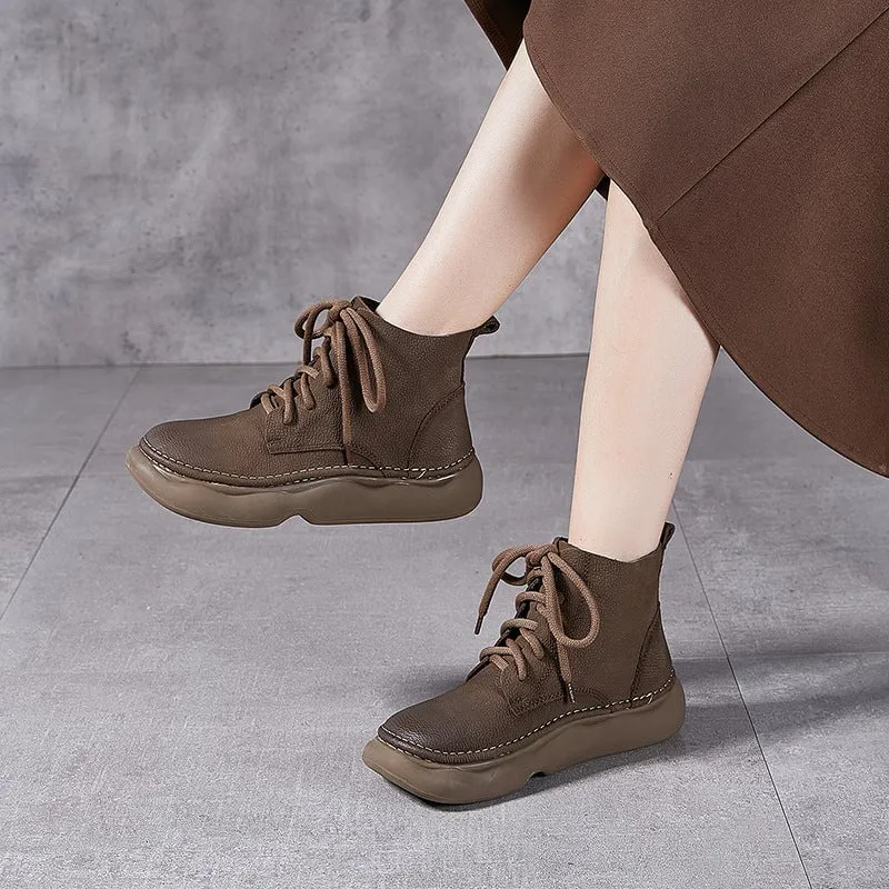Mori Girl Style Genuine Leather Soft Martin Boots For Women Round Toe Lace Up in Grey/Khaki