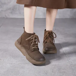 Mori Girl Style Genuine Leather Soft Martin Boots For Women Round Toe Lace Up in Grey/Khaki