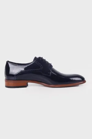 Navy Patent Patent Leather Lace-Up Tuxedo Shoes, Navy Patent
