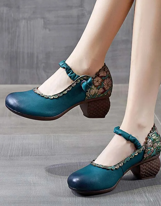 Round Toe Ethnic Style Chunky Heels