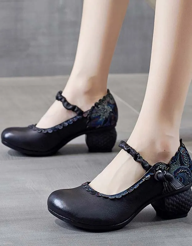 Round Toe Ethnic Style Chunky Heels