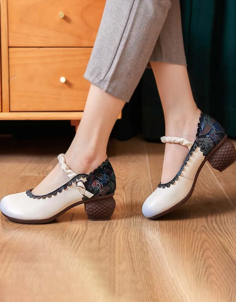 Round Toe Ethnic Style Chunky Heels