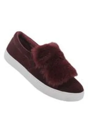 Tia Furry Flat Velvet Slip On Tennis Shoe In Bordeaux Burgundy