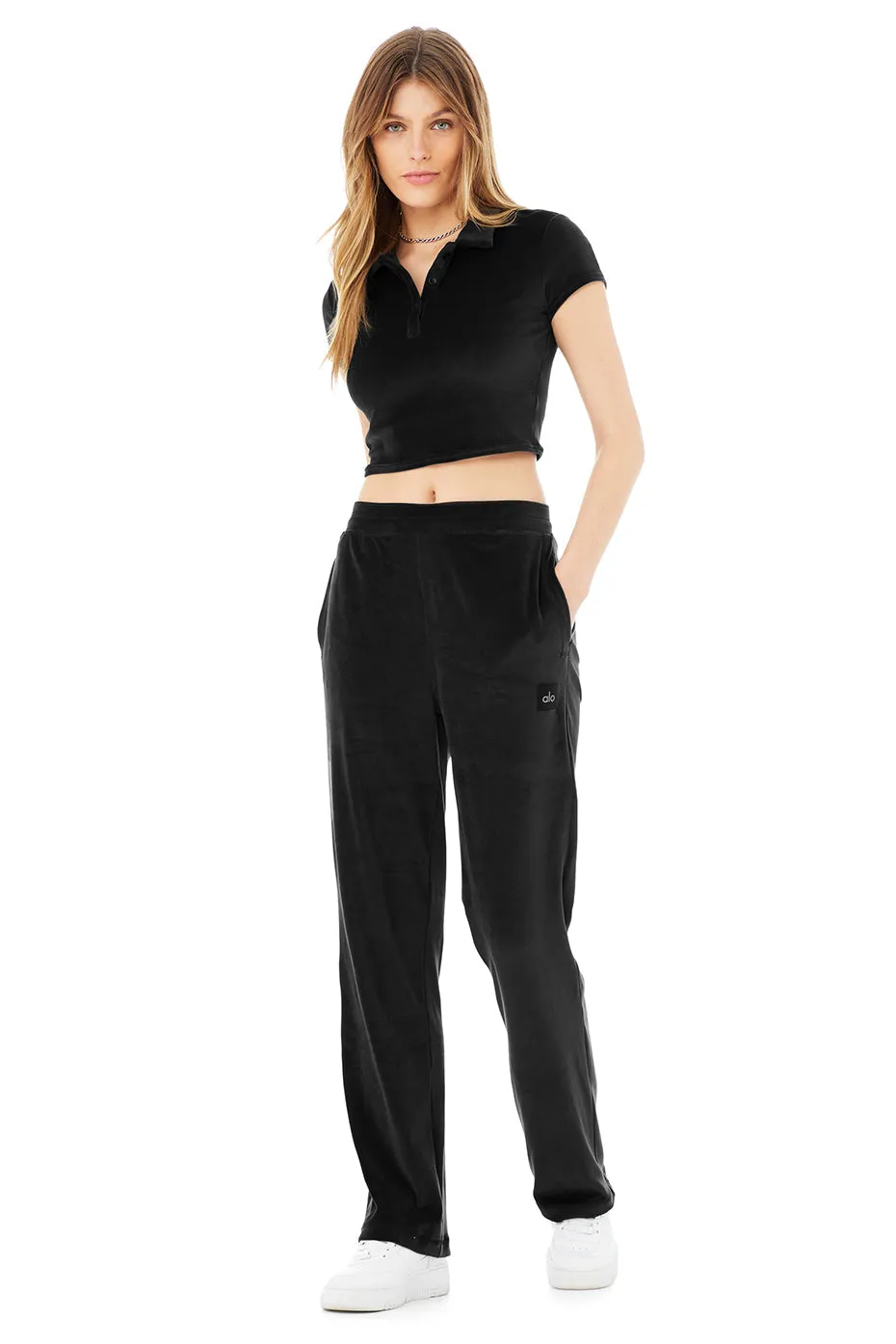 Velour Choice Polo & Velour High-Waist Glimmer Wide Leg Pant Set